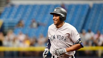 ST PETERSBURG, FL - SEPTEMBER 27: Miguel Andujar #41 of the New York Yankees hits a three-run homer in the first inning against the Tampa Bay Rays on September 27, 2018 at Tropicana Field in St Petersburg, Florida. (Photo by Julio Aguilar/Getty Images)