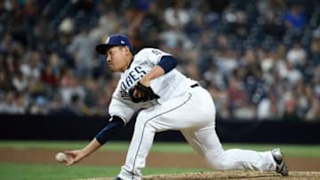 SAN DIEGO, CA - SEPTEMBER 29: Kazuhisa Makita #53 of the San Diego Padres pitches during the ninth inning of a baseball game against the Arizona Diamondbacks at PETCO Park on September 29, 2018 in San Diego, California. (Photo by Denis Poroy/Getty Images)