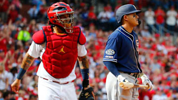 ST. LOUIS, MO - APRIL 7: Manny Machado #13 of the San Diego Padres reacts after striking out against the St. Louis Cardinals in the eighth inning at Busch Stadium on April 7, 2019 in St. Louis, Missouri. (Photo by Dilip Vishwanat/Getty Images)