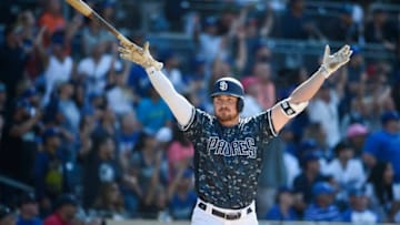 SAN DIEGO, CA - MAY 5: Hunter Renfroe #10 of the San Diego Padres celebrates after hitting a grand slam walk off home run during the ninth inning of a baseball game against the Los Angeles Dodgers at Petco Park May 5, 2019 in San Diego, California. The Padres won 8-5. (Photo by Denis Poroy/Getty Images)