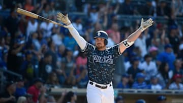 SAN DIEGO, CA - MAY 5: Hunter Renfroe #10 of the San Diego Padres celebrates after hitting a grand slam walk off home run during the ninth inning of a baseball game against the Los Angeles Dodgers at Petco Park May 5, 2019 in San Diego, California. The Padres won 8-5. (Photo by Denis Poroy/Getty Images)