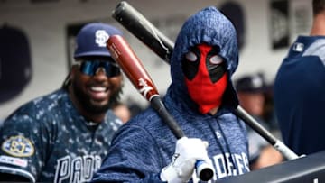SAN DIEGO, CA - JUNE 2: Austin Hedges #18 of the San Diego Padres wears a face mask as Franmil Reyes #32 looks on during the third inning of a baseball game against the Miami Marlins at Petco Park June 2, 2019 in San Diego, California. Hedges put on the mask after a swarm of bees caused a delay of game. (Photo by Denis Poroy/Getty Images)