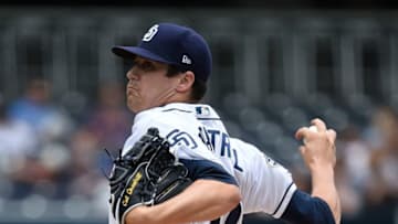 SAN DIEGO, CA - JUNE 5: Cal Quantrill #40 of the San Diego Padres pitches during the first inning of a baseball game against the Philadelphia Phillies at Petco Park June 5, 2019 in San Diego, California. (Photo by Denis Poroy/Getty Images)