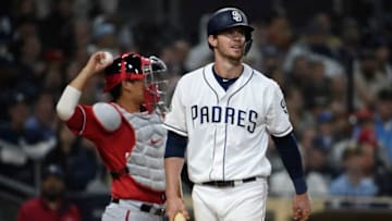 SAN DIEGO, CA - JUNE 8: Wil Myers #4 of the San Diego Padres walks away after striking out during the eighth inning of a baseball game against the Washington Nationals at Petco Park June 8, 2019 in San Diego, California. (Photo by Denis Poroy/Getty Images)