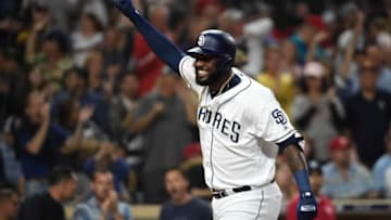 SAN DIEGO, CA - JUNE 29: Franmil Reyes #32 of the San Diego Padres celebrates after hitting a solo during the second inning of a baseball game against the St. Louis Cardinals at Petco Park June 29, 2019 in San Diego, California. (Photo by Denis Poroy/Getty Images)