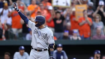 BALTIMORE, MARYLAND - JUNE 25: Manny Machado #13 of the San Diego Padres acknowledges the crowd before batting during the first inning against the Baltimore Orioles at Oriole Park at Camden Yards on June 25, 2019 in Baltimore, Maryland. (Photo by Patrick Smith/Getty Images)
