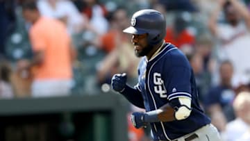 BALTIMORE, MARYLAND - JUNE 26: Franmil Reyes #32 of the San Diego Padres celebrates after hitting a two RBI home run Baltimore Orioles in the fifth inning at Oriole Park at Camden Yards on June 26, 2019 in Baltimore, Maryland. (Photo by Rob Carr/Getty Images)