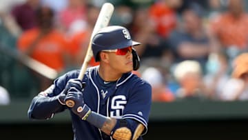 BALTIMORE, MARYLAND - JUNE 26: Manny Machado #13 of the San Diego Padres bats against the Baltimore Orioles at Oriole Park at Camden Yards on June 26, 2019 in Baltimore, Maryland. (Photo by Rob Carr/Getty Images)