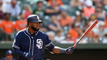 BALTIMORE, MARYLAND - JUNE 26: Franmil Reyes #32 of the San Diego Padres bats against the Baltimore Orioles at Oriole Park at Camden Yards on June 26, 2019 in Baltimore, Maryland. (Photo by Rob Carr/Getty Images)