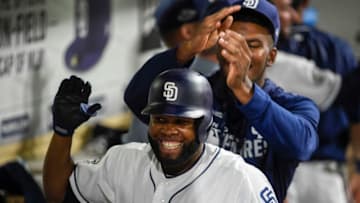 SAN DIEGO, CA - AUGUST 10: Manuel Margot #7 of the San Diego Padres is congratulated after hitting a two-run home run during the eighth inning of a baseball game against the Colorado Rockies at Petco Park August 10, 2019 in San Diego, California. (Photo by Denis Poroy/Getty Images)