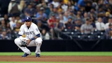 SAN DIEGO, CALIFORNIA - JULY 13: Manny Machado #13 of the San Diego Padres looks on after an RBI double by Tyler Flowers #25 of the Atlanta Braves during the tenth inning of a game at PETCO Park on July 13, 2019 in San Diego, California. (Photo by Sean M. Haffey/Getty Images)