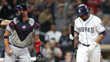 SAN DIEGO, CALIFORNIA - JULY 13: Tyler Flowers #25 of the Atlanta Braves looks on after Luis Perdomo #61 of the San Diego Padres strikes out to end the game as the Atlanta Braves defeat the San Diego Padres 7-5 in a game at PETCO Park on July 13, 2019 in San Diego, California. (Photo by Sean M. Haffey/Getty Images)