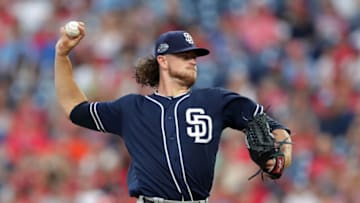 PHILADELPHIA, PA - AUGUST 16: Chris Paddack #59 of the San Diego Padres throws a pitch in the first inning during a game against the Philadelphia Phillies at Citizens Bank Park on August 16, 2019 in Philadelphia, Pennsylvania. (Photo by Hunter Martin/Getty Images)