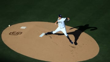 SAN DIEGO, CALIFORNIA - JULY 27: Cal Quantrill #40 of the San Diego Padres pitches during the first inning of a game against the San Francisco Giantsat PETCO Park on July 27, 2019 in San Diego, California. (Photo by Sean M. Haffey/Getty Images)