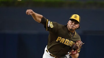 SAN DIEGO, CA - SEPTEMBER 6: Dinelson Lamet #29 of the San Diego Padres pitches during the first inning of a baseball game against the Colorado Rockies at Petco Park September 6, 2019 in San Diego, California. (Photo by Denis Poroy/Getty Images)