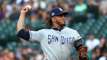 SEATTLE, WASHINGTON - AUGUST 06: Dinelson Lamet #29 of the San Diego Padres pitches against the Seattle Mariners in the first inning during their game at T-Mobile Park on August 06, 2019 in Seattle, Washington. (Photo by Abbie Parr/Getty Images)