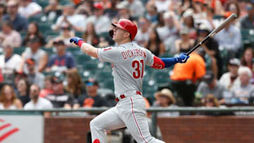 SAN FRANCISCO, CALIFORNIA - AUGUST 10: Corey Dickerson #31 of the Philadelphia Phillies hits a solo home run in the top of the first inning against the San Francisco Giants at Oracle Park on August 10, 2019 in San Francisco, California. (Photo by Lachlan Cunningham/Getty Images)