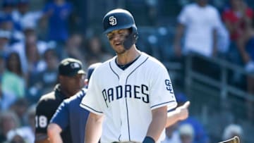 SAN DIEGO, CA - SEPTEMBER 12: Wil Myers #4 of the San Diego Padres walks to the dugout after being ejected from the game during the ninth inning of a baseball game against Chicago Cubs at Petco Park September 12, 2019 in San Diego, California. (Photo by Denis Poroy/Getty Images)