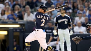 MILWAUKEE, WISCONSIN - AUGUST 14: Trent Grisham #2 of the Milwaukee Brewers hits a home run in the eighth inning against the Minnesota Twins at Miller Park on August 14, 2019 in Milwaukee, Wisconsin. (Photo by Dylan Buell/Getty Images)