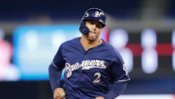 MIAMI, FLORIDA - SEPTEMBER 11: Trent Grisham #2 of the Milwaukee Brewers rounds the bases after hitting a solo home run in the first inning against the Miami Marlins at Marlins Park on September 11, 2019 in Miami, Florida. (Photo by Michael Reaves/Getty Images)