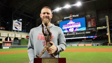 HOUSTON, TEXAS - OCTOBER 30: Stephen Strasburg #37 of the Washington Nationals is awarded MVP after his teams 6-2 victory against the Houston Astros in Game Seven to win the 2019 World Series at Minute Maid Park on October 30, 2019 in Houston, Texas. (Photo by Mike Ehrmann/Getty Images)