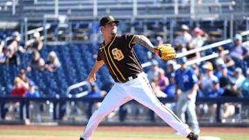 PEORIA, ARIZONA - MARCH 04: Michel Baez #49 of the San Diego Padres delivers a pitch against the Kansas City Royals during a spring training game on March 04, 2020 in Peoria, Arizona. (Photo by Norm Hall/Getty Images)