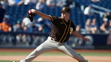 PEORIA, ARIZONA - MARCH 05: Pitcher MacKenzie Gore #89 of the San Diego Padres throws against the Seattle Mariners during a Cactus League spring training baseball game at Peoria Stadium on March 05, 2020 in Peoria, Arizona. (Photo by Ralph Freso/Getty Images)
