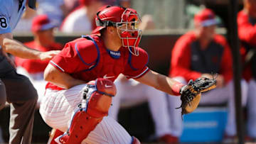CLEARWATER, FLORIDA - MARCH 07: J.T. Realmuto #10 of the Philadelphia Phillies in action against the Boston Red Sox during a Grapefruit League spring training game on March 07, 2020 in Clearwater, Florida. (Photo by Michael Reaves/Getty Images)