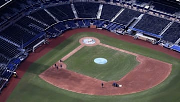 SAN DIEGO, CA - MARCH 20: Groundcrew members at Petco Park work perform maintenance on March 20, 2020 in San Diego, California. Major League Baseball has postponed the beginning of the 2020 season due to the (Photo by Sean M. Haffey/Getty Images)