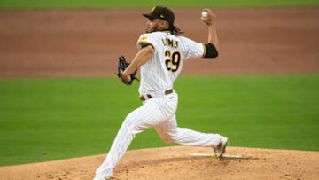 SAN DIEGO, CA - SEPTEMBER 14: Dinelson Lamet #29 of the San Diego Padres delivers a pitch in the top of the second inning against the Los Angeles Dodgers at PETCO Park on September 14, 2020 in San Diego, California. (Photo by Matt Thomas/San Diego Padres/Getty Images)