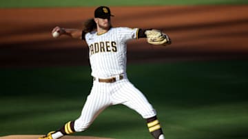 SAN DIEGO, CALIFORNIA - JULY 24: Chris Paddack #59 of the San Diego Padres pitches during the first inning of the Opening Day game against the Arizona Diamondbacks at PETCO Park on July 24, 2020 in San Diego, California. (Photo by Sean M. Haffey/Getty Images)