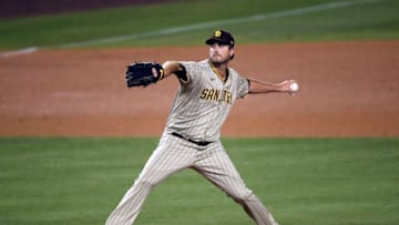 LOS ANGELES, CA - AUGUST 10: Pitcher Drew Pomeranz #15 of the San Diego Padres closes the game during the ninth inning against Los Angeles Dodgers at Dodger Stadium on August 10, 2020 in Los Angeles, California. (Photo by Kevork Djansezian/Getty Images)