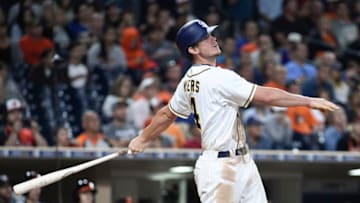 SAN DIEGO, CALIFORNIA - JUNE 28: Wil Myers #4 of the San Diego Padres hits a three-run home run during the seventh inning of a baseball game against the Baltimore Orioles at PETCO Park on June 28, 2016 in San Diego, California. (Photo by Denis Poroy/Getty Images)