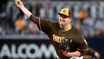 SAN DIEGO, CA - APRIL 21: Trevor Cahill #38 of the San Diego Padres pitches during the first inning of a baseball game against the Miami Marlins at PETCO Park on April 21, 2017 in San Diego, California. (Photo by Denis Poroy/Getty Images)