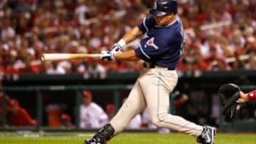 ST. LOUIS - OCTOBER 08: Brian Giles #24 of the San Diego Padres hits a single against the St. Louis Cardinals during the first inning of Game Four of the National League Division Series at Busch Stadium on October 8, 2006 in St. Louis, Missouri. (Photo by Dilip Vishwanat/Getty Images)