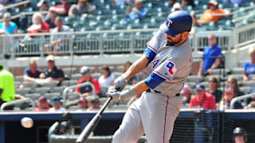 ATLANTA, GA - SEPTEMBER 6: Brett Nicholas #6 of the Texas Rangers knocks in a run with a fourth inning double against the Atlanta Braves at SunTrust Park on September 6, 2017 in Atlanta, Georgia. (Photo by Scott Cunningham/Getty Images)
