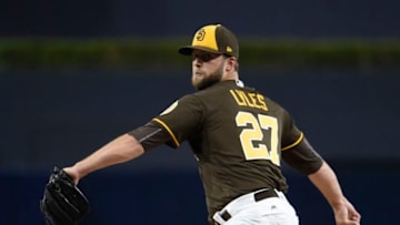 SAN DIEGO, CA - SEPTEMBER 22: Jordan Lyles #27 of the San Diego Padres pitches during the first inning of a baseball game against the Colorado Rockies at PETCO Park on September 22, 2017 in San Diego, California. (Photo by Denis Poroy/Getty Images)