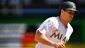 MIAMI, FL - APRIL 29: J.T. Realmuto #11 of the Miami Marlins rounds third base in the eighth inning against the Colorado Rockies at Marlins Park on April 29, 2018 in Miami, Florida. (Photo by Mark Brown/Getty Images)