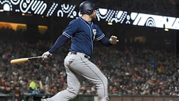 SAN FRANCISCO, CA - APRIL 30: Chase Headley #12 of the San Diego Padres hits an rbi single to score Manuel Margot #7 against the San Francisco Giants in the top of the six inning at AT&T Park on April 30, 2018 in San Francisco, California. (Photo by Thearon W. Henderson/Getty Images)