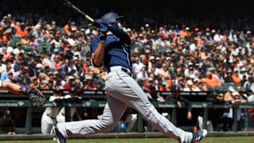 SAN FRANCISCO, CA - MAY 02: Eric Hosmer #30 of the San Diego Padres hits a two-run rbi double off the wall in right field against the San Francisco Giants in the top of the third inning at AT&T Park on May 2, 2018 in San Francisco, California. (Photo by Thearon W. Henderson/Getty Images)