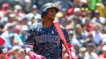 SAN DIEGO, CA - MAY 13: Franchy Cordero #33 of the San Diego Padres reacts to a called strike out during the third inning of a baseball game against the St. Louis Cardinals at PETCO Park on May 13, 2018 in San Diego. (Photo by Denis Poroy/Getty Images)