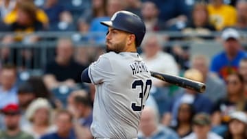 PITTSBURGH, PA - MAY 17: Eric Hosmer #30 of the San Diego Padres grounds into a fielder's choice in the third inning scoring a run against the Pittsburgh Pirates during the game at PNC Park on May 17, 2018 in Pittsburgh, Pennsylvania. (Photo by Justin K. Aller/Getty Images)