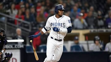 SAN DIEGO, CA - MAY 14: Franchy Cordero #33 of the San Diego Padres hits during the game against the Colorado Rockies at PETCO Park on May 14, 2018 in San Diego, California. (Photo by Andy Hayt/San Diego Padres/Getty Images)