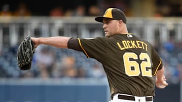 SAN DIEGO, CA - JUNE 1: Walker Lockett #62 of the San Diego Padres pitches during the first inning of a baseball game against the Cincinnati Reds at PETCO Park on June 1, 2018 in San Diego, California. (Photo by Denis Poroy/Getty Images)