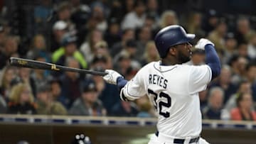 SAN DIEGO, CA - JUNE 4: Franmil Reyes #32 of the San Diego Padres hits a solo home run during the sixth inning of a baseball game against the Atlanta Braves at PETCO Park on June 4, 2018 in San Diego, California. (Photo by Denis Poroy/Getty Images)
