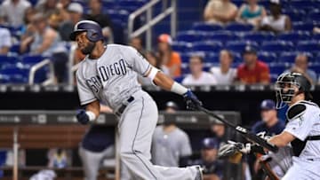 MIAMI, FL - JUNE 8: Manuel Margot #7 of the San Diego Padres doubles in the third inning against the Miami Marlins at Marlins Park on June 8, 2018 in Miami, Florida. (Photo by Eric Espada/Getty Images)
