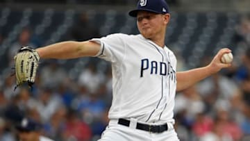 SAN DIEGO, CA - JULY 10: Eric Lauer #46 of the San Diego Padres pitches during the first inning of a baseball game against the Los Angeles Dodgers at PETCO Park on July 10, 2018 in San Diego, California. (Photo by Denis Poroy/Getty Images)