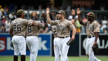 SAN DIEGO, CA - SEPTEMBER 3 : San Diego Padres players celebrate after beating the Los Angeles Dodgers 6-4 in a baseball game at PETCO Park on September 3, 2017 in San Diego, California. (Photo by Denis Poroy/Getty Images)