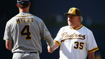 SAN DIEGO, CA - JULY 12: Former San Diego Padre Randy Jones (R) greets Wil Myers