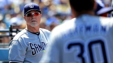 LOS ANGELES, CA - APRIL 03: Bench Coach Mark McGwire of the San Diego Padres looks on during the fifth inning of an Opening Day game against the Los Angeles Dodgers at Dodger Stadium on April 3, 2017 in Los Angeles, California. (Photo by Sean M. Haffey/Getty Images)